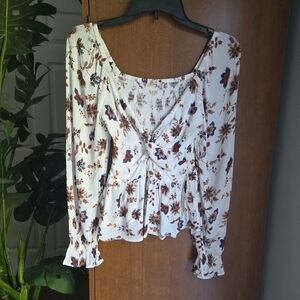 Francesca's Collections Roula Twist Keyhole Paisley  Blouse White and Brown XS